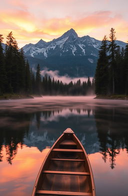 A breathtaking landscape of a serene mountain lake at sunrise, surrounded by towering pine trees, with mist rising from the water's surface