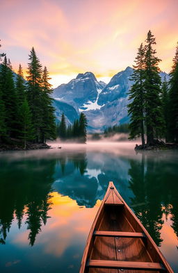 A breathtaking landscape of a serene mountain lake at sunrise, surrounded by towering pine trees, with mist rising from the water's surface