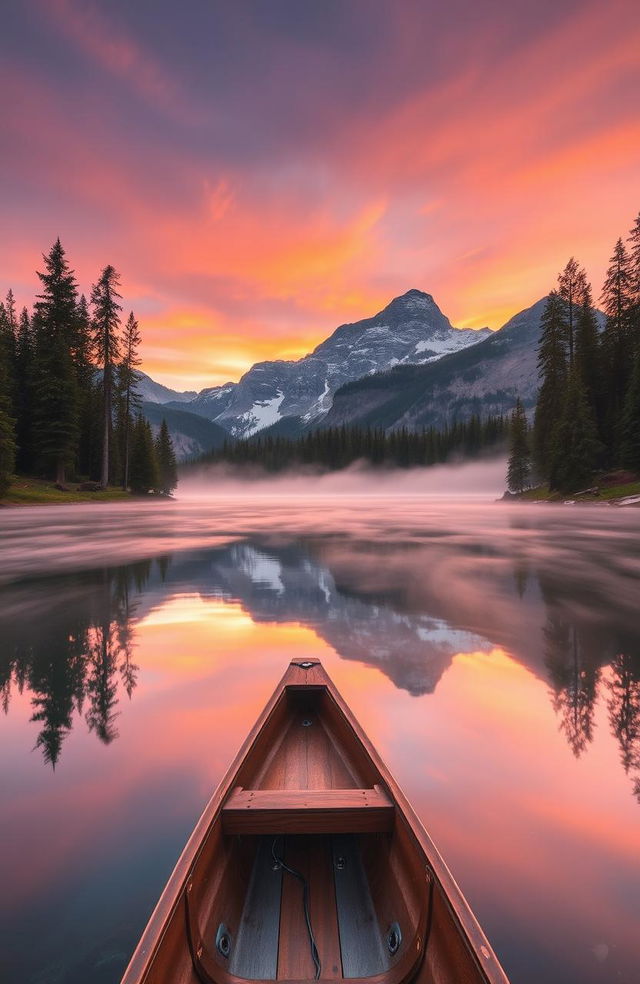 A breathtaking landscape of a serene mountain lake at sunrise, surrounded by towering pine trees, with mist rising from the water's surface