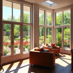 A beautiful modern room with large, energy-efficient windows, allowing natural light to flood in