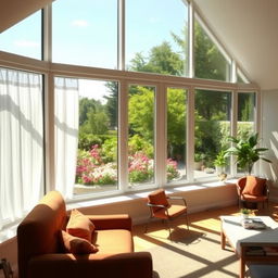 A beautiful modern room with large, energy-efficient windows, allowing natural light to flood in