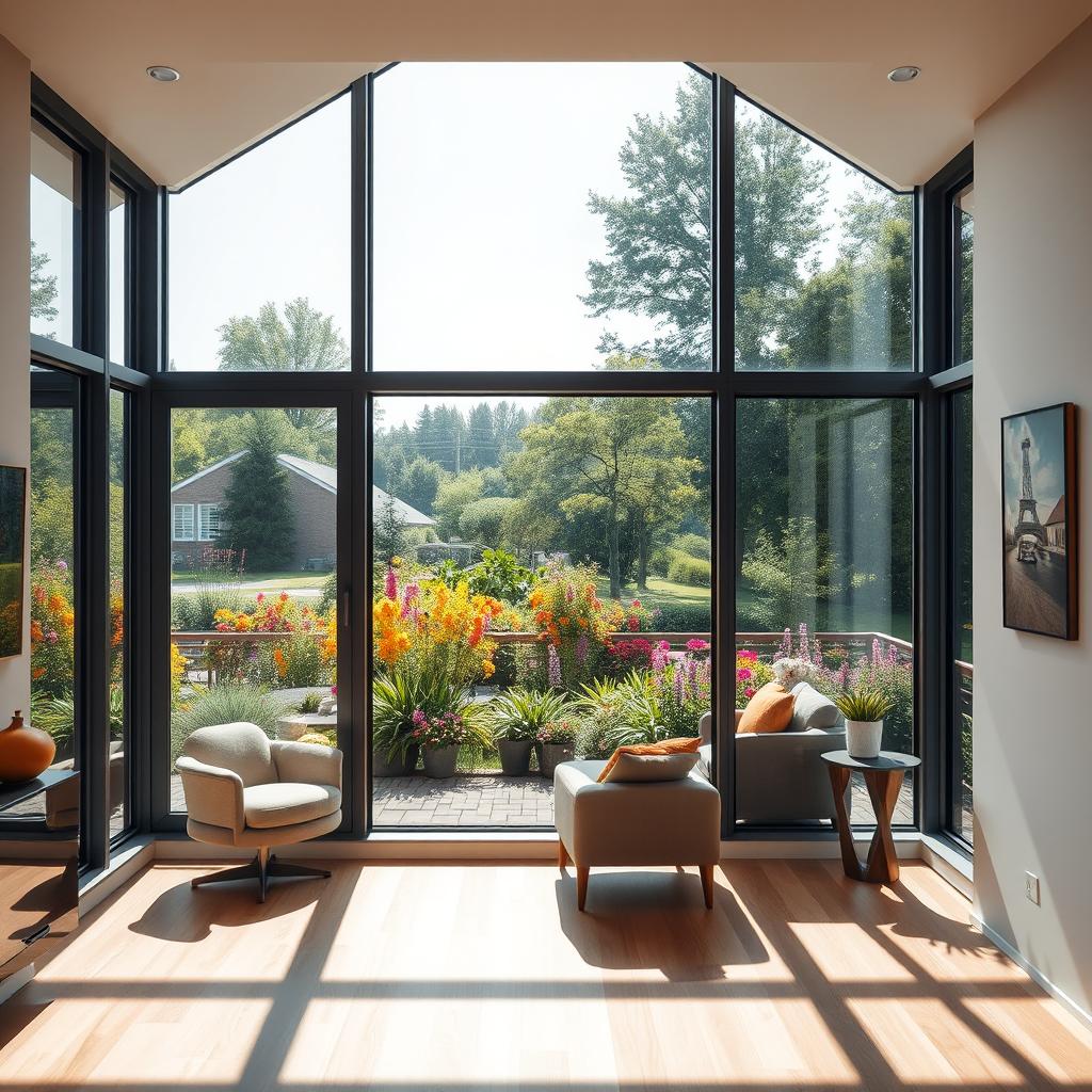 A beautiful modern room with large, energy-efficient windows, allowing natural light to flood in