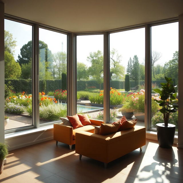 A beautiful modern room with large, energy-efficient windows, allowing natural light to flood in