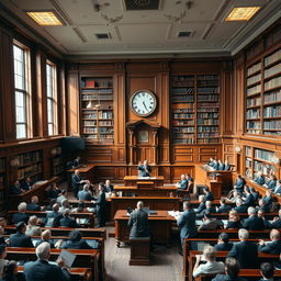 A bustling metropolitan trial court interior, showcasing a large courtroom with tall windows allowing natural light to flood in, wooden benches filled with diverse spectators, a grand judge's bench at the front, and intricate legal bookshelves lining the walls