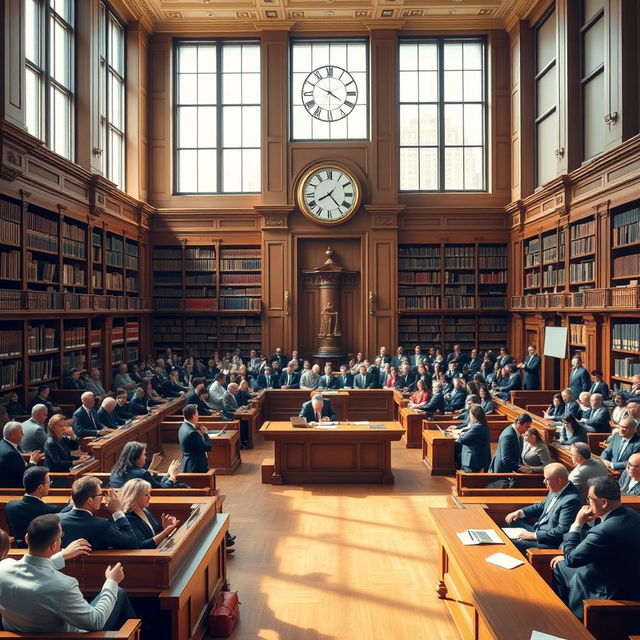 A bustling metropolitan trial court interior, showcasing a large courtroom with tall windows allowing natural light to flood in, wooden benches filled with diverse spectators, a grand judge's bench at the front, and intricate legal bookshelves lining the walls