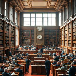 A bustling metropolitan trial court interior, showcasing a large courtroom with tall windows allowing natural light to flood in, wooden benches filled with diverse spectators, a grand judge's bench at the front, and intricate legal bookshelves lining the walls