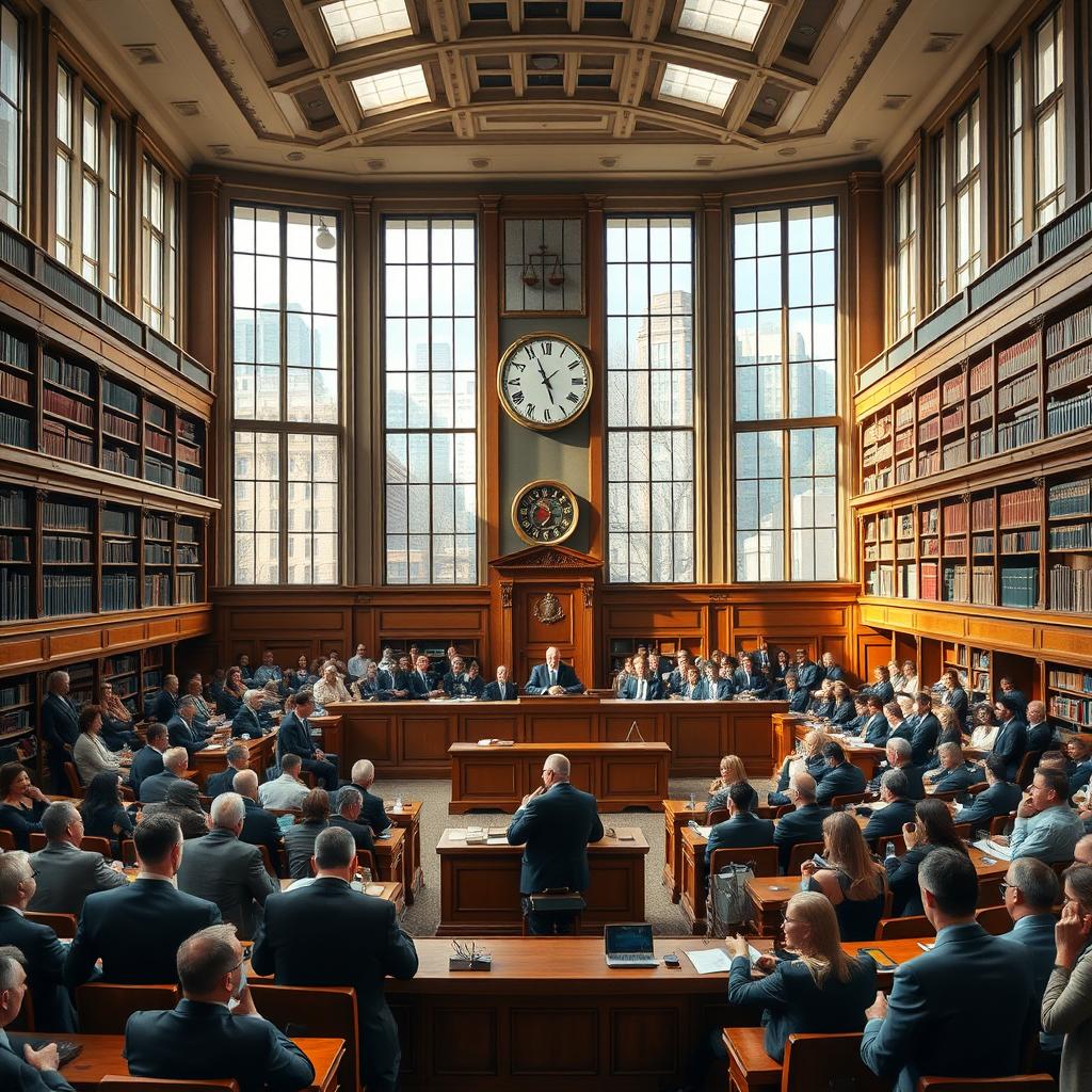 A bustling metropolitan trial court interior, showcasing a large courtroom with tall windows allowing natural light to flood in, wooden benches filled with diverse spectators, a grand judge's bench at the front, and intricate legal bookshelves lining the walls