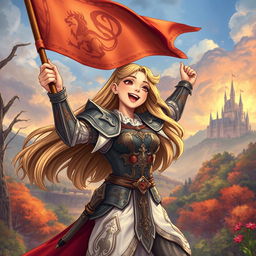 An illustration of a girl resembling Joan of Arc in the classic epic style of Dungeon and Dragons, joyfully waving a banner