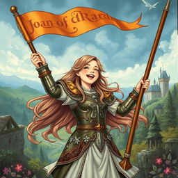 An illustration of a girl resembling Joan of Arc in the classic epic style of Dungeon and Dragons, joyfully waving a banner