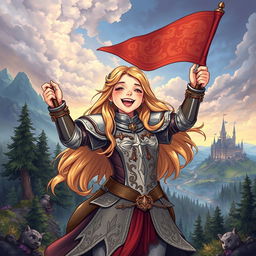 An illustration of a girl resembling Joan of Arc in the classic epic style of Dungeon and Dragons, joyfully waving a banner