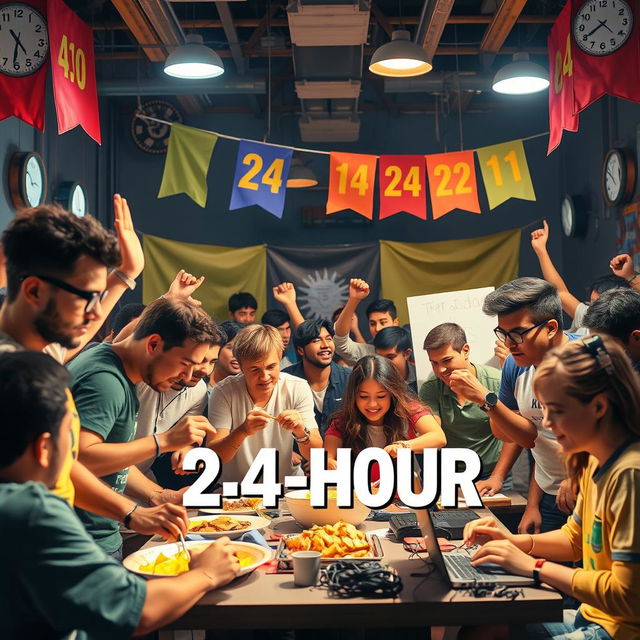 A dynamic scene capturing the excitement of a 24-hour challenge featuring a diverse group of enthusiastic people engaging in various tasks