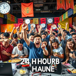 A dynamic scene capturing the excitement of a 24-hour challenge featuring a diverse group of enthusiastic people engaging in various tasks