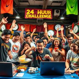 A dynamic scene capturing the excitement of a 24-hour challenge featuring a diverse group of enthusiastic people engaging in various tasks