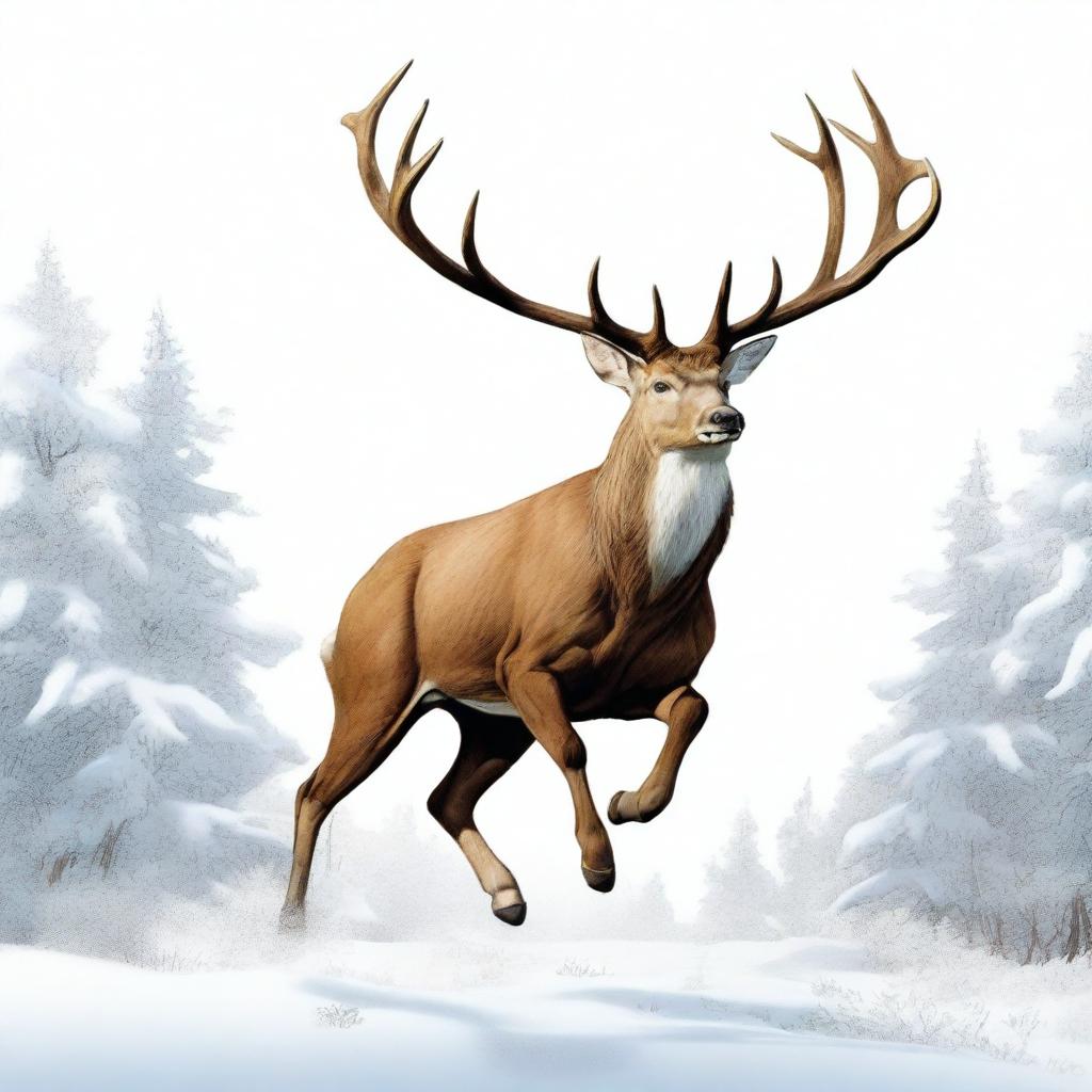 A high-quality, comic-style digital art image showcasing a full-bodied, majestic deer with a large, imposing antler, leaping in mid-air