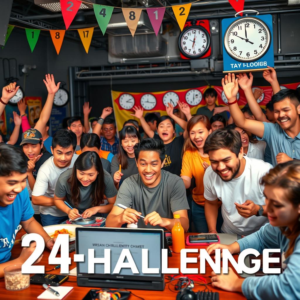 A dynamic scene capturing the excitement of a 24-hour challenge featuring a diverse group of enthusiastic people engaging in various tasks