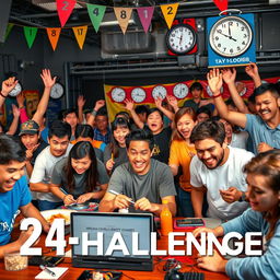 A dynamic scene capturing the excitement of a 24-hour challenge featuring a diverse group of enthusiastic people engaging in various tasks