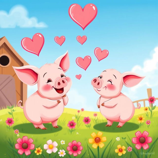 A humorous illustration of a pig in love with another pig, showcasing their charming expressions and playful interactions