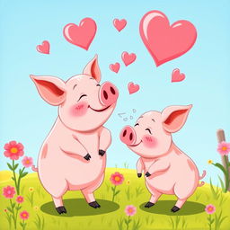 A humorous illustration of a pig in love with another pig, showcasing their charming expressions and playful interactions