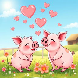 A humorous illustration of a pig in love with another pig, showcasing their charming expressions and playful interactions