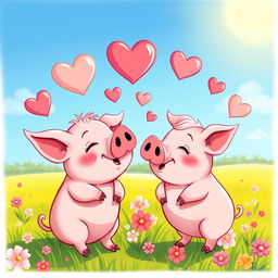 A humorous illustration of a pig in love with another pig, showcasing their charming expressions and playful interactions