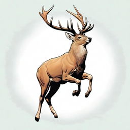 A high-quality, comic-style digital art image showcasing a full-bodied, majestic deer with a large, imposing antler, leaping in mid-air