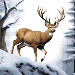 A high-quality, comic-style digital art image showcasing a full-bodied, majestic deer with a large, imposing antler, leaping in mid-air