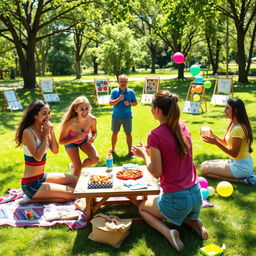 A lively scene depicting a group of friends engaging in various fun challenges together in a sunny park