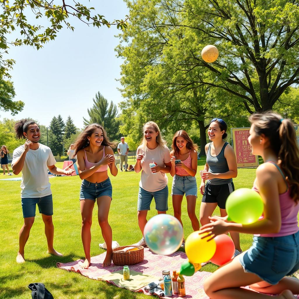 A lively scene depicting a group of friends engaging in various fun challenges together in a sunny park