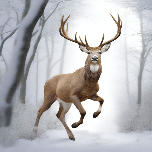 A high-quality, comic-style digital art image showcasing a full-bodied, majestic deer with a large, imposing antler, leaping in mid-air