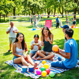 A lively scene depicting a group of friends engaging in various fun challenges together in a sunny park