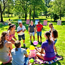 A lively scene depicting a group of friends engaging in various fun challenges together in a sunny park