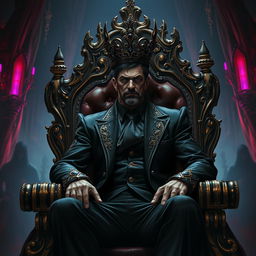 A powerful and intimidating underworld king, seated on an ornate throne adorned with dark jewels and surrounded by shadows