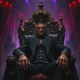 A powerful and intimidating underworld king, seated on an ornate throne adorned with dark jewels and surrounded by shadows