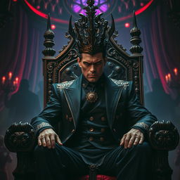 A powerful and intimidating underworld king, seated on an ornate throne adorned with dark jewels and surrounded by shadows
