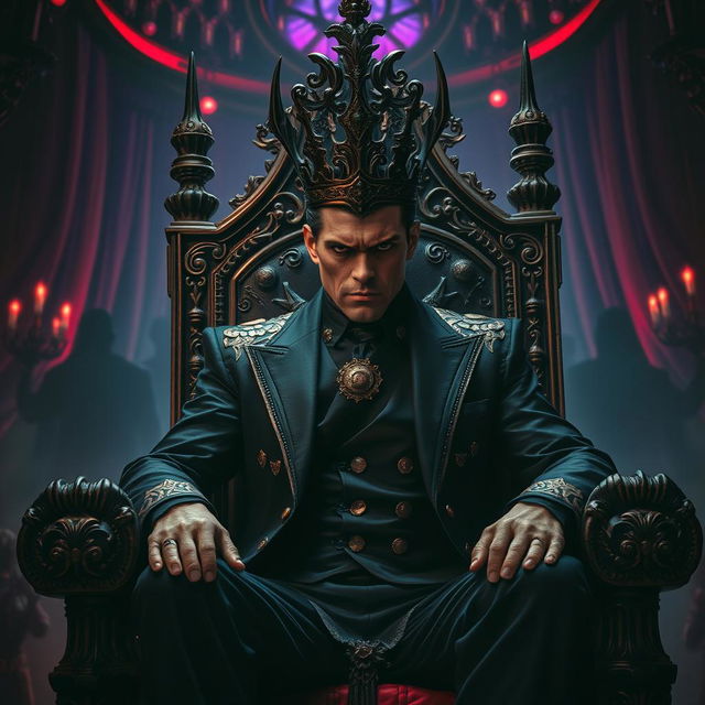 A powerful and intimidating underworld king, seated on an ornate throne adorned with dark jewels and surrounded by shadows