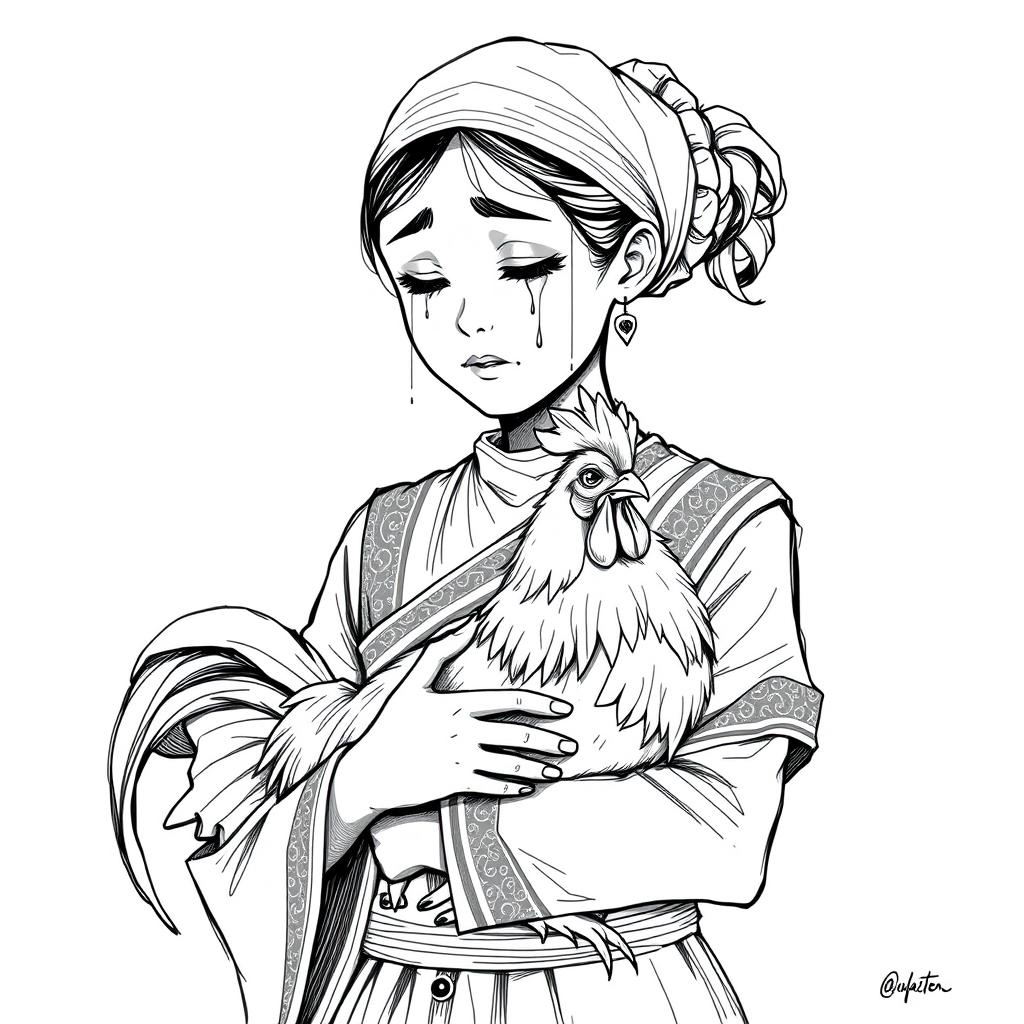 A full-body black and white sketch illustration of a traditional Indonesian teenage girl, depicted in traditional attire