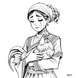A full-body black and white sketch illustration of a traditional Indonesian teenage girl, depicted in traditional attire