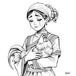 A full-body black and white sketch illustration of a traditional Indonesian teenage girl, depicted in traditional attire