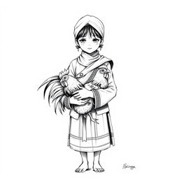 A full-body black and white sketch illustration of a traditional Indonesian teenage girl, depicted in traditional attire