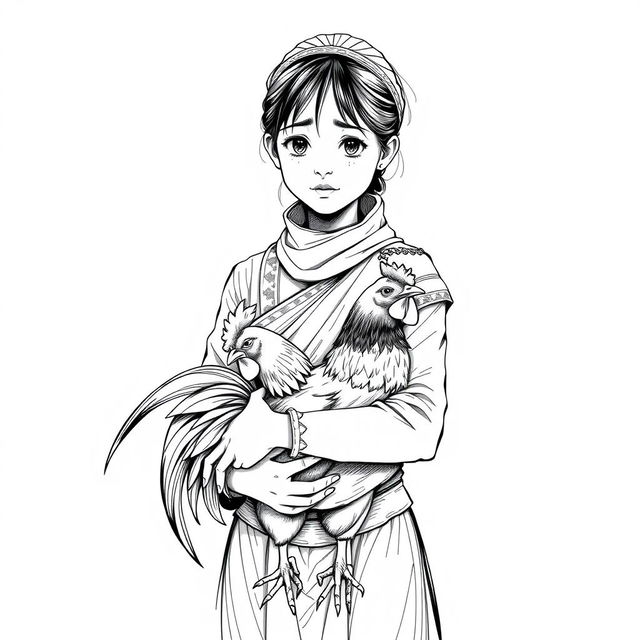 A full-body black and white sketch illustration of a traditional Indonesian teenage girl, depicted in traditional attire