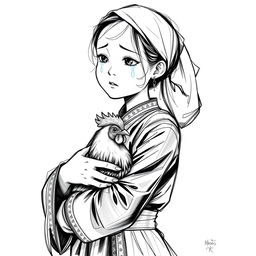 A full-body black and white sketch illustration of a traditional Indonesian teenage girl, depicted in traditional attire