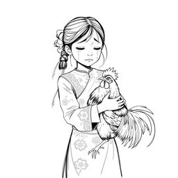 A full-body black and white sketch illustration of a traditional Indonesian teenage girl carrying a rooster, with tears streaming down her cheeks
