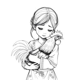 A full-body black and white sketch illustration of a traditional Indonesian teenage girl carrying a rooster, with tears streaming down her cheeks