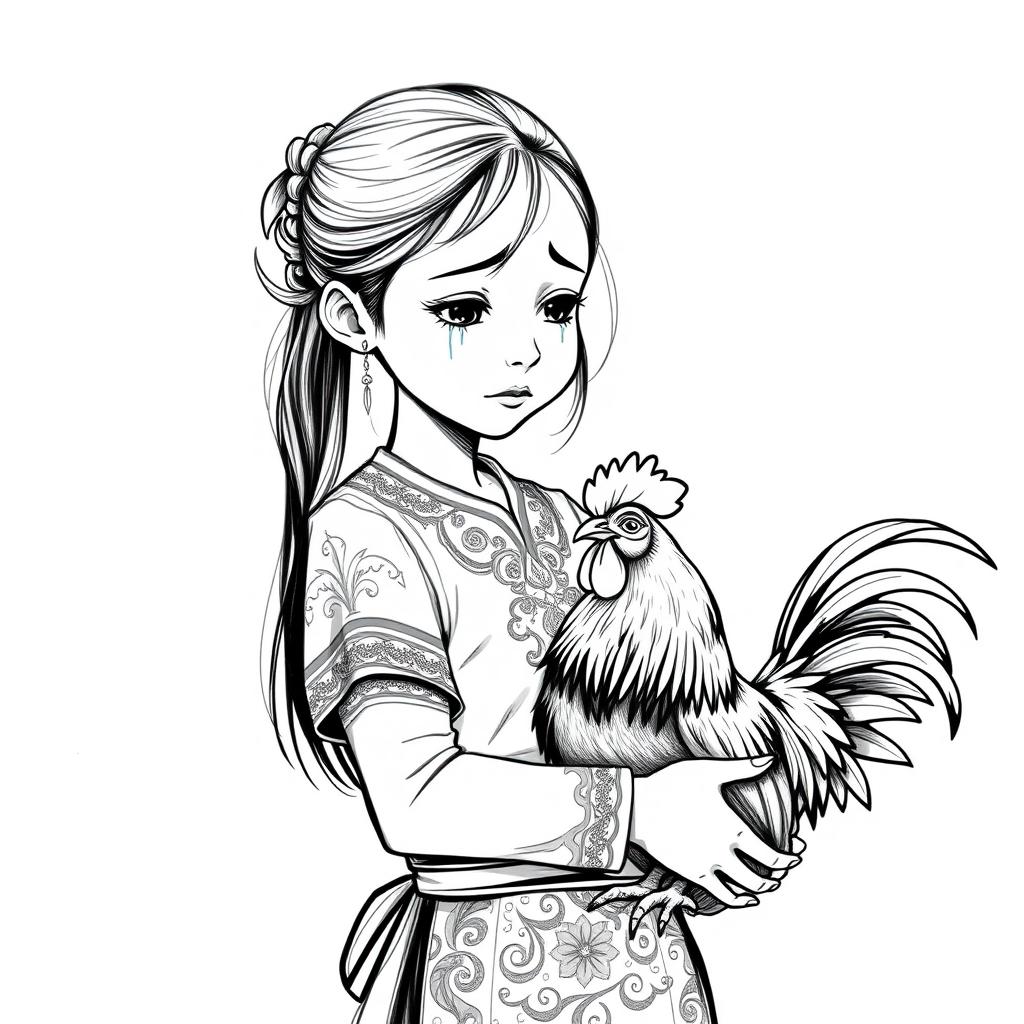 A full-body black and white sketch illustration of a traditional Indonesian teenage girl carrying a rooster, with tears streaming down her cheeks