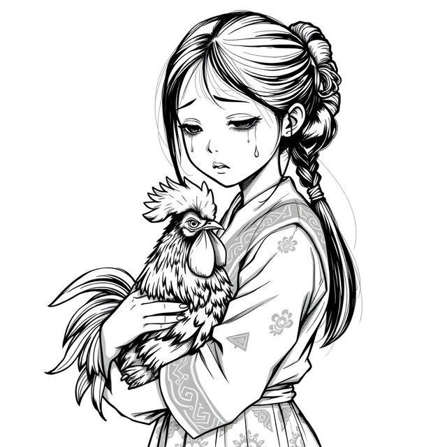 A full-body black and white sketch illustration of a traditional Indonesian teenage girl carrying a rooster, with tears streaming down her cheeks