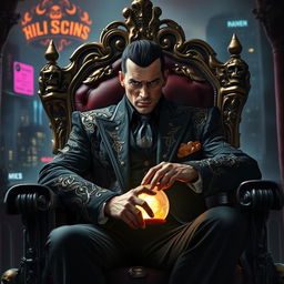 A powerful underworld king sitting on a grand throne, dressed in an intricately designed dark suit adorned with gold accents