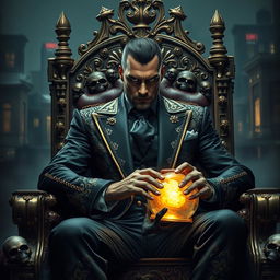 A powerful underworld king sitting on a grand throne, dressed in an intricately designed dark suit adorned with gold accents