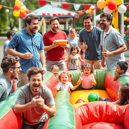 A playful scene featuring a group of adult male friends engaging in humorous challenges, designed to elicit laughter and joy