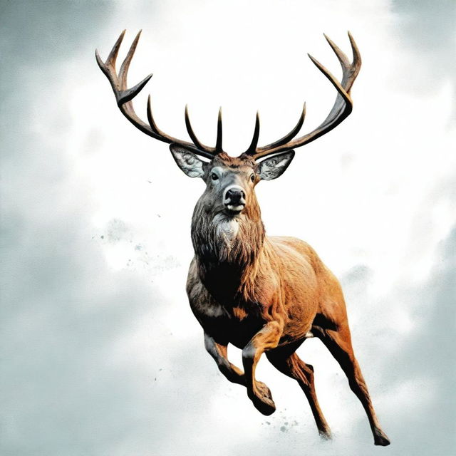 A high-quality comic-style digital art image featuring a majestic, full-bodied deer with a large, imposing antler, leaping in mid-air