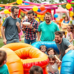 A playful scene featuring a group of adult male friends engaging in humorous challenges, designed to elicit laughter and joy